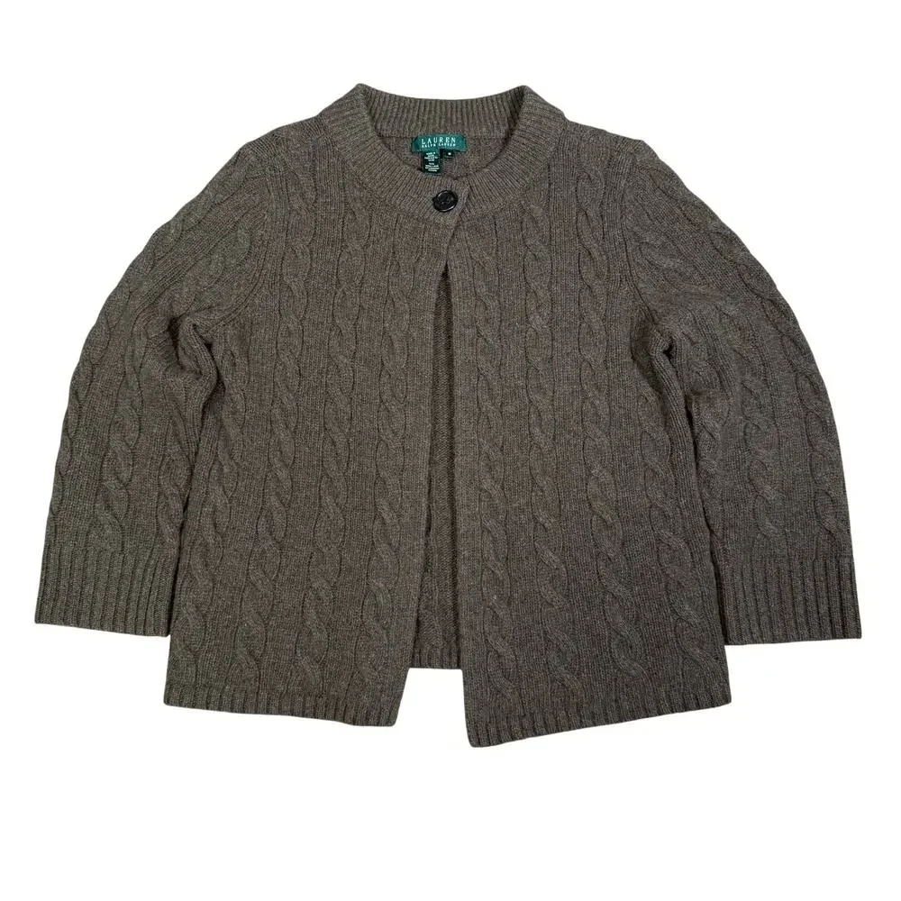 Ralph Lauren Brown Olive Green Wool Cable Knit Cardigan 3/4 Length Sleeve